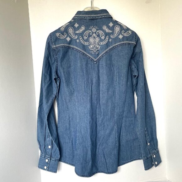 Wrangler Western Denim Shirt Womens XS Blue Retro Embroidered Long Sleeve Snap - Picture 3 of 6
